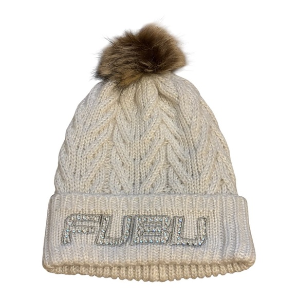 FUBU Cream Knit Hat with Fur Pom - Picture 1 of 6